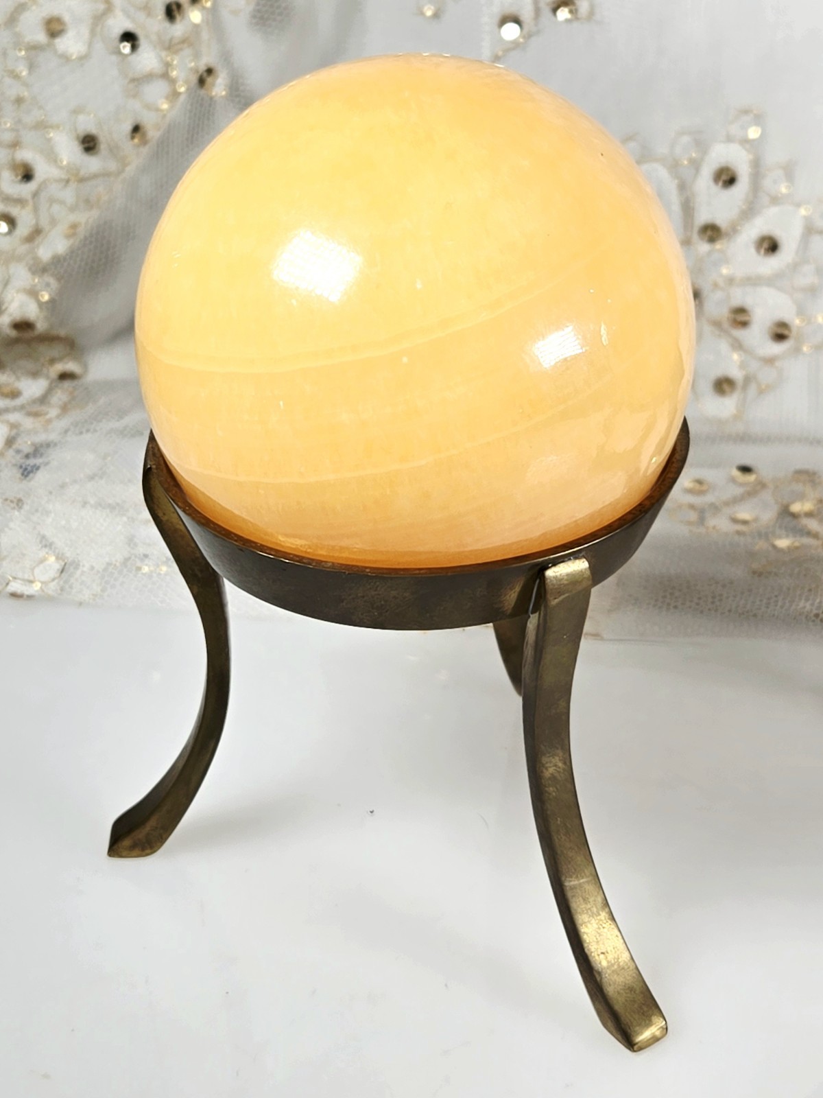 Set of 2 Honey Calcite Crystal Spheres Brass Stands 3.75″D (1,616g) 2.75″D 595g