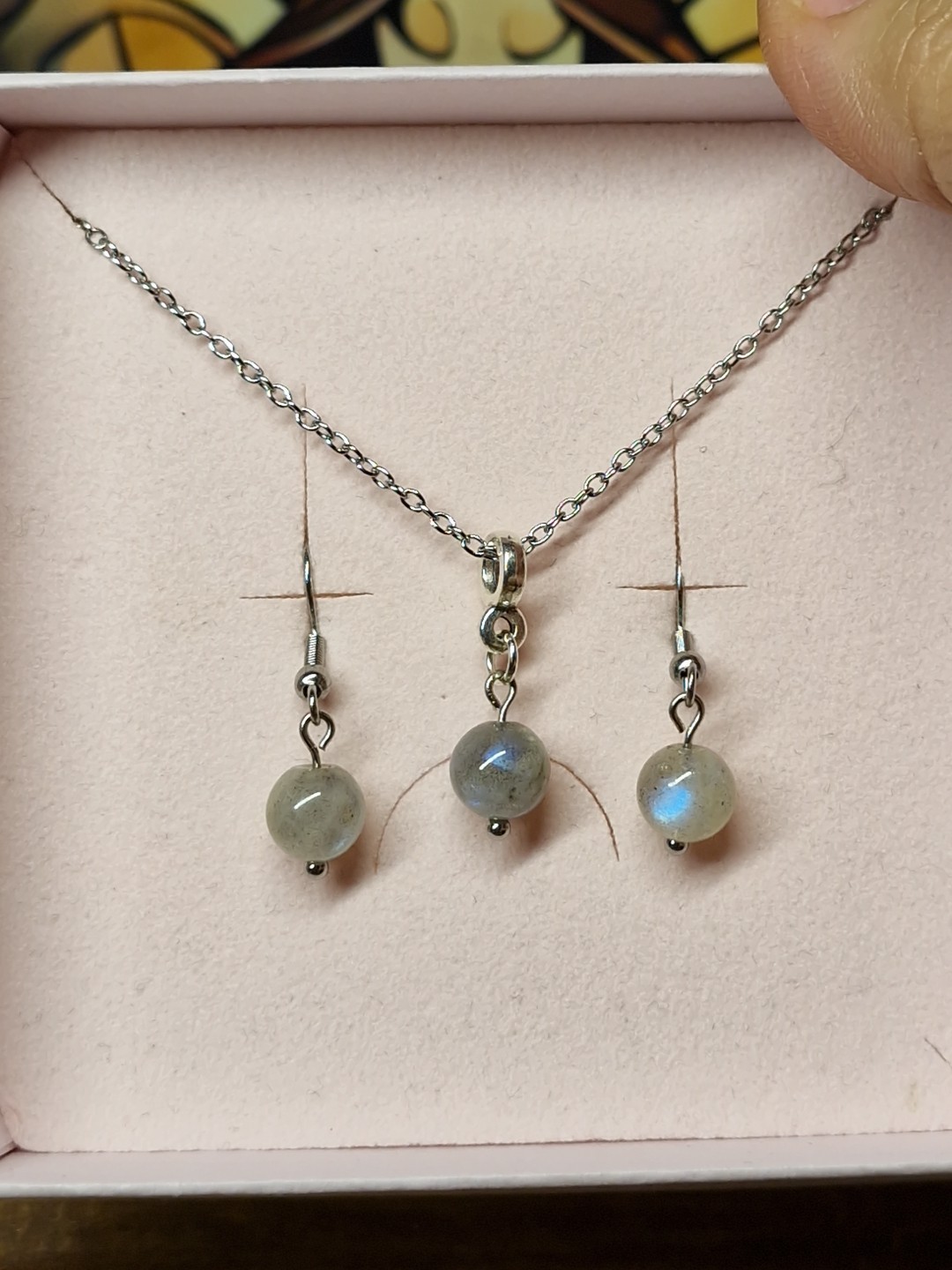Simple Labradorite Crystal 8mm Bead Earrings & Necklace Set