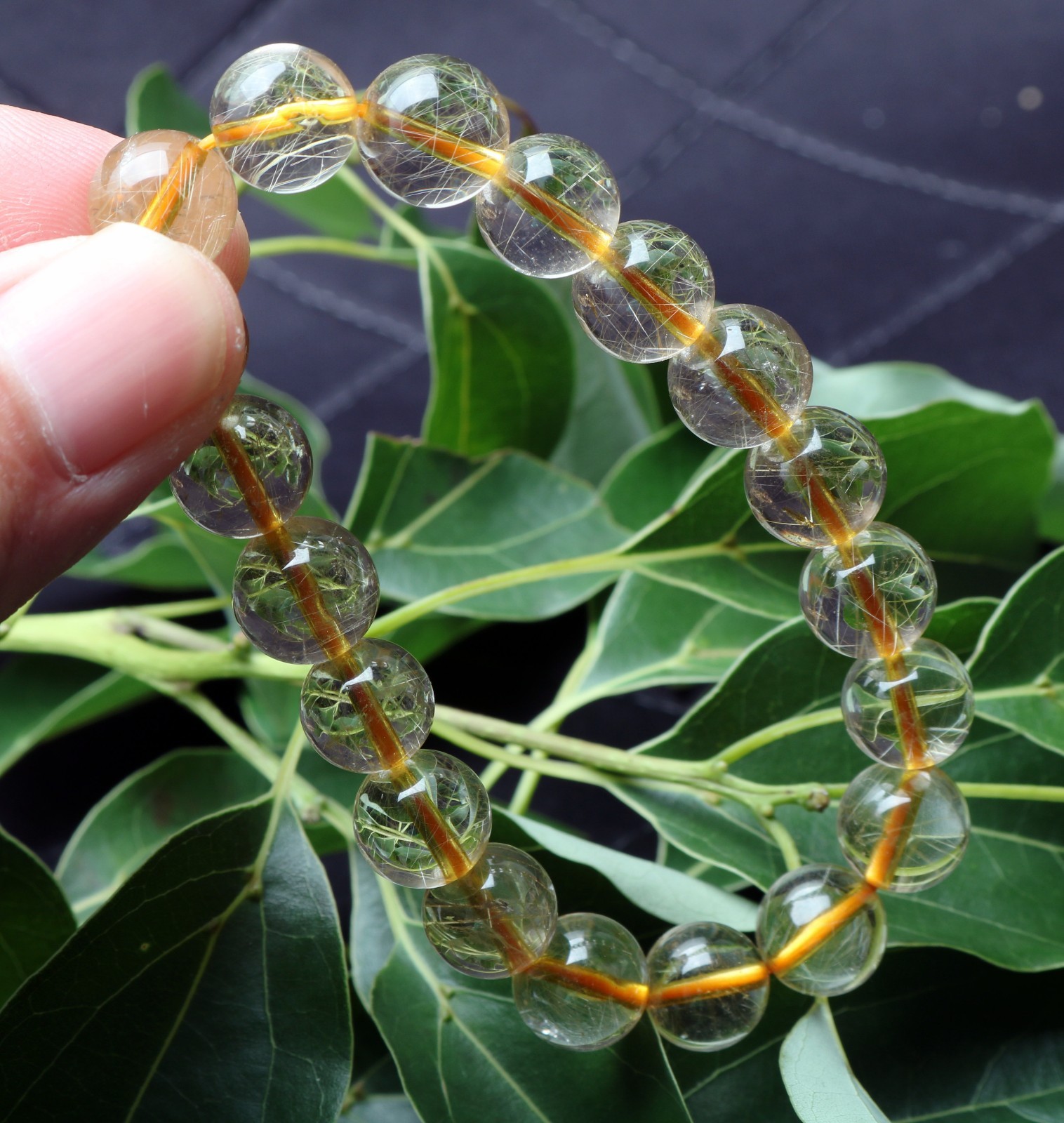 30.5g Rare Natural Clear Gold Rutilated Quartz Crystal 10mm Round Bead Hand cate