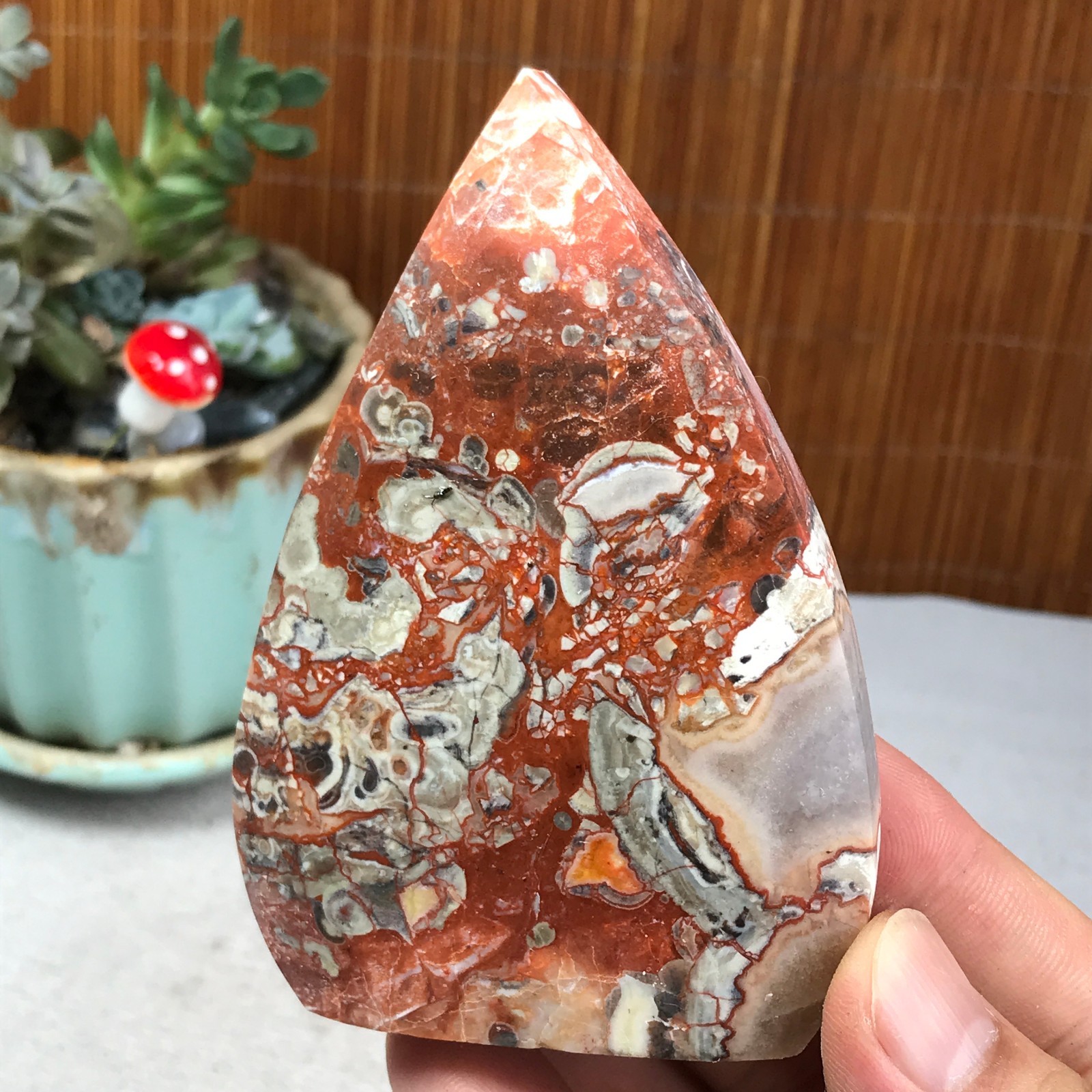 Natural money Mexico agate hand carve leaf Crystal Specimen free standing A6257