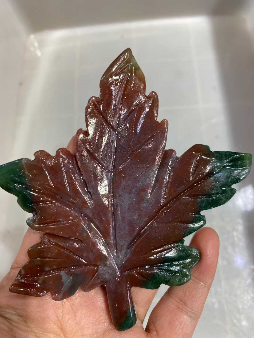 1pc Natural Ocean Jasper Quartz Carved Crystal Leaf Skull Reiki Healing Decor