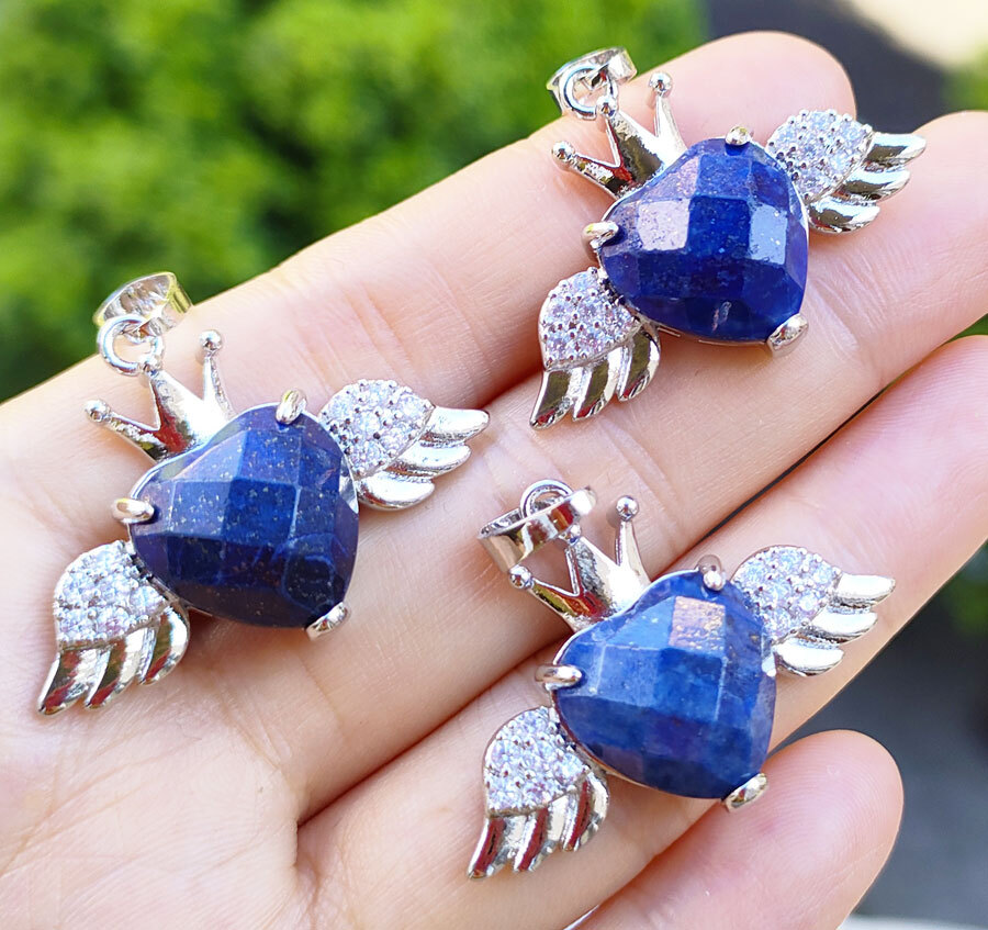 10pcs Lapis Lazuli Pendants Faceted Gems Angel Wings Heart Love Luck Amulet