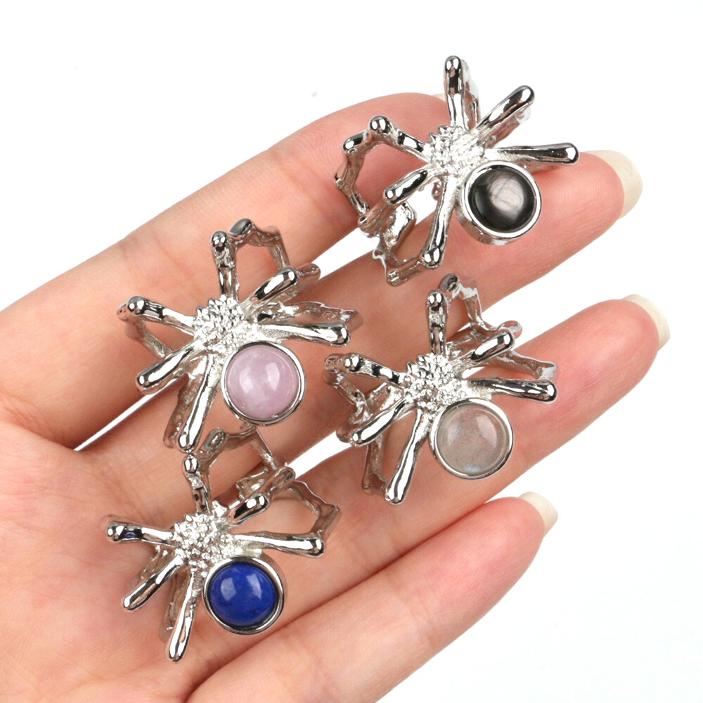 1pc Adjustable Chakra Crystal Spider Rings Gemstone Round Bead Quartz Jewerly