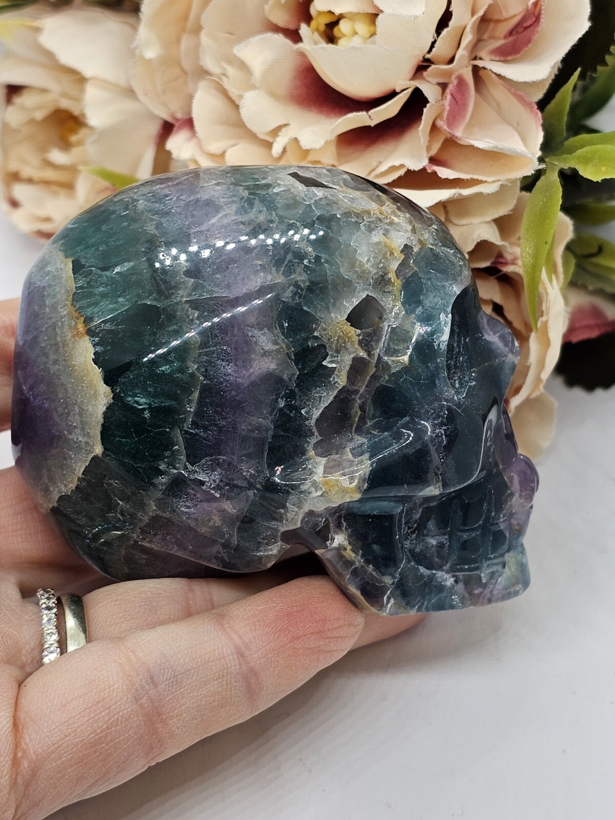 Rainbow Fluorite Skull Crystal Carving 317g Purple Green Blue 6.5x 5 x 4.4cm