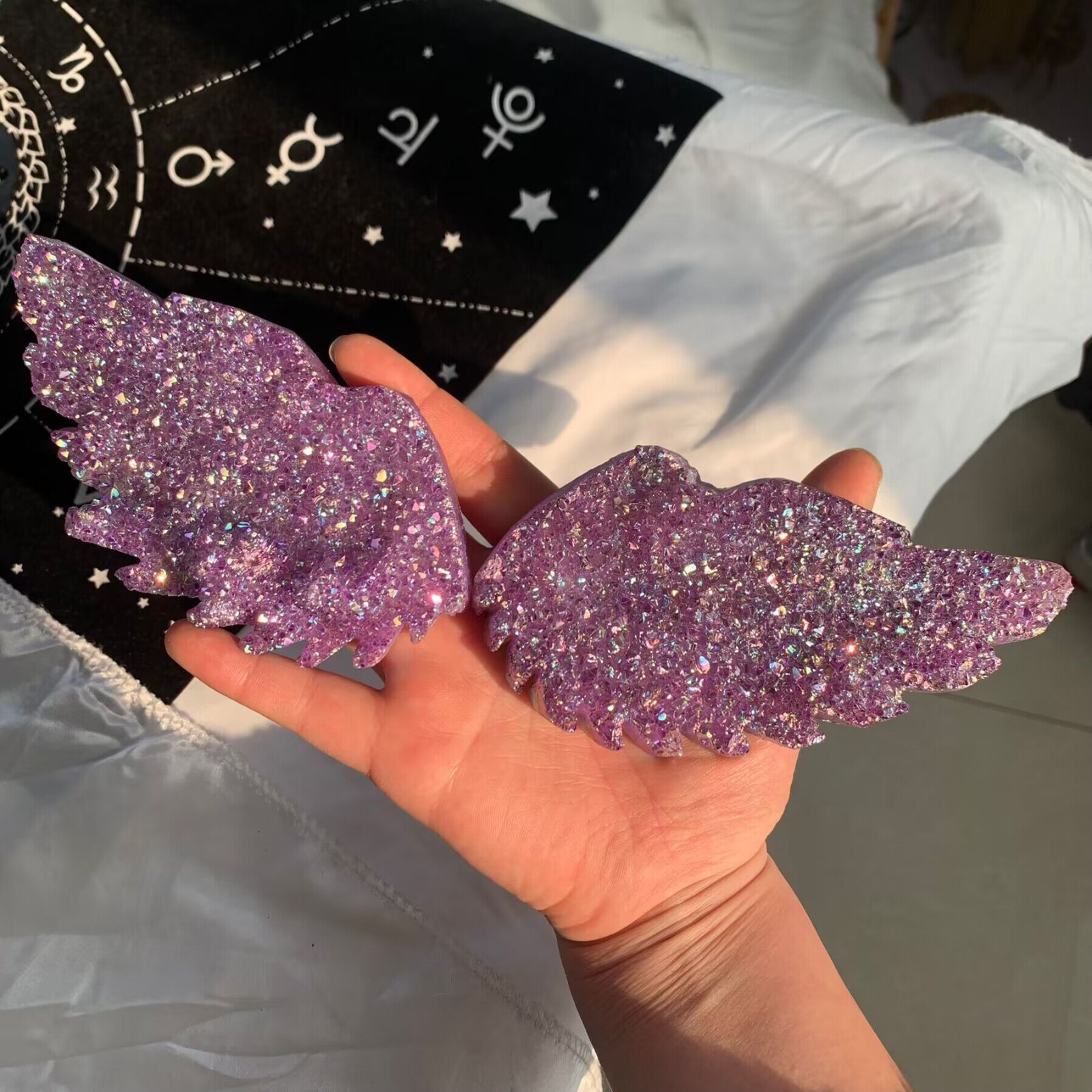449g Titanium Angel Aura Amethyst Cluster Wings Carving Quartz Crystal+Stand