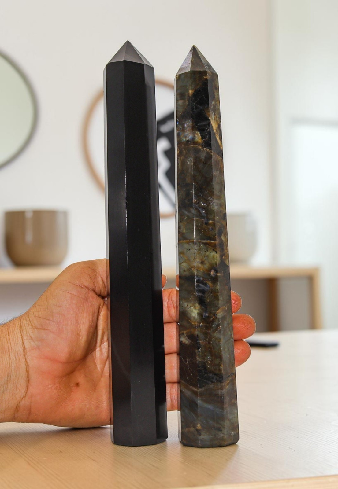 Combo Set Obelisk Tower Tourmaline / Labradorite Crystal Healing Stone Decor