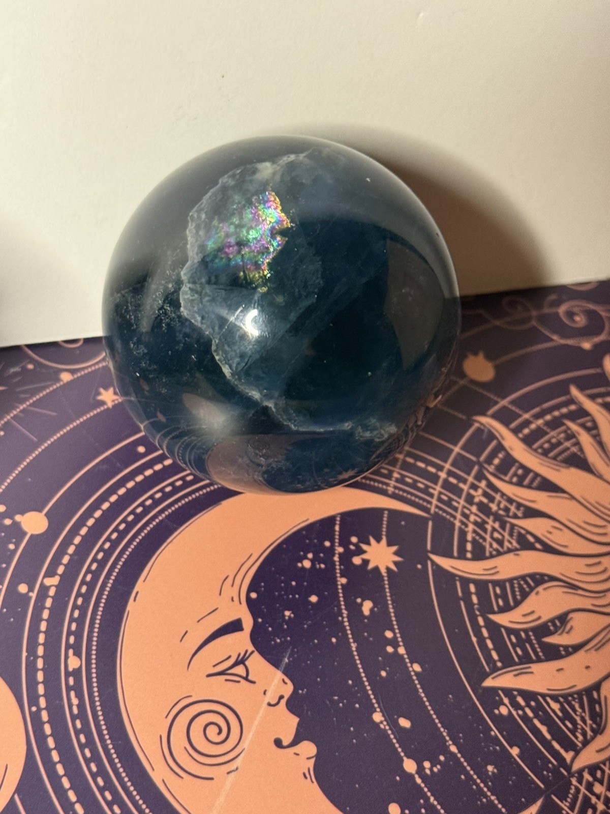 Fluorite Large Dark Blue, Green Crystal Gemstone Sphere Crystal with Stand