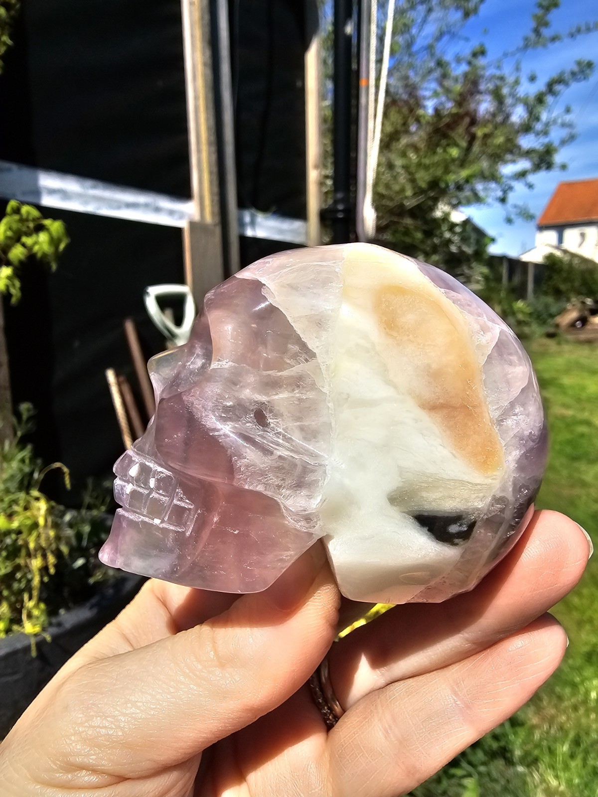 Rainbow Fluorite Skull Crystal Carving 380g Purple 5.6 x6.4 x4.7cm