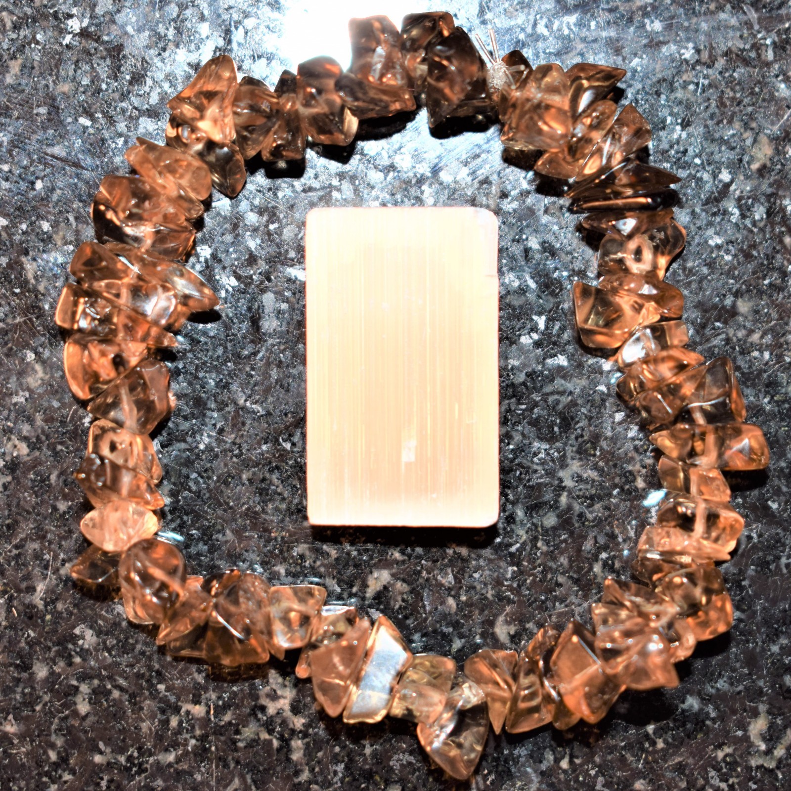CHARGED Smokey Quartz Crystal Chip Stretchy Bracelet + Baby Selenite Puffy Heart