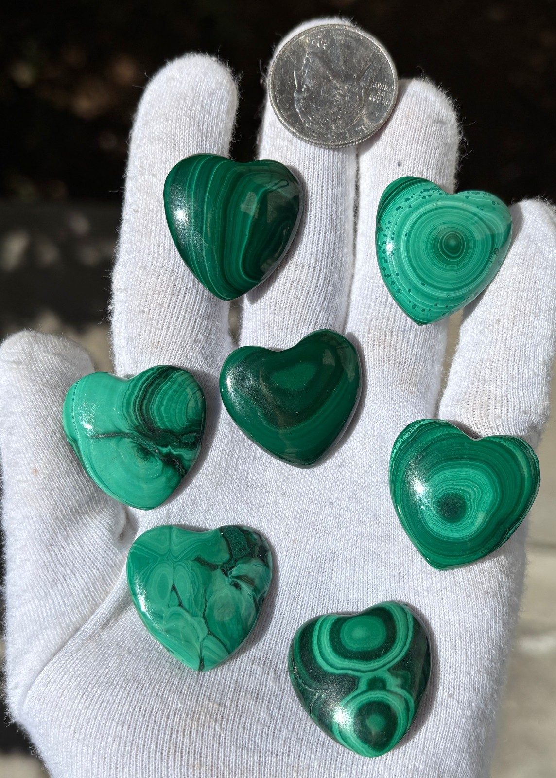 USA SALE 67g LOT 7 MALACHITE POLISHED SMALL HEARTS HEART POCKET PALMSTONE PALM