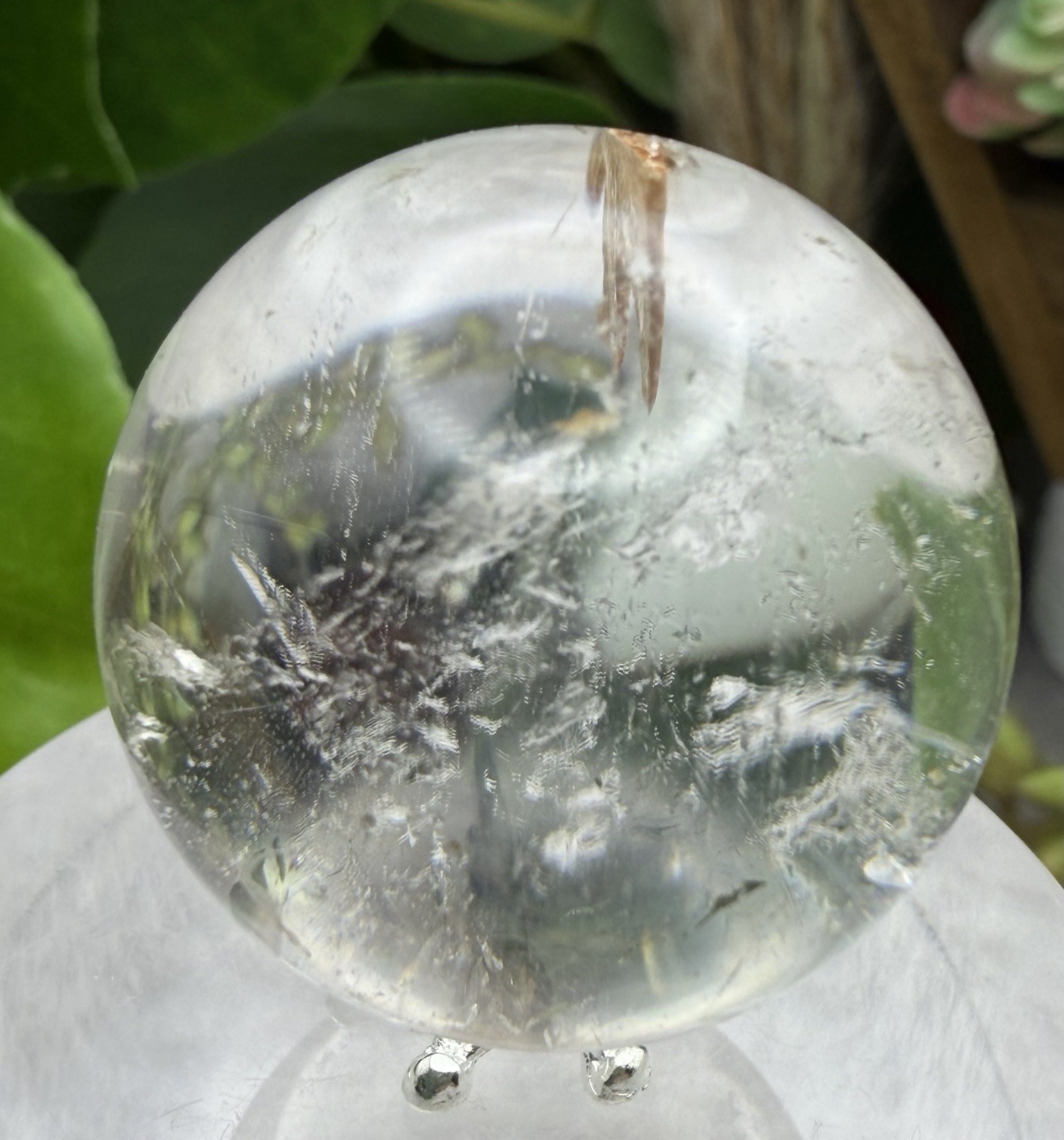 Crystal 28mm Quartz W/ Red Clay Inclusions W/stand Sphere Orb Ball Globe Mineral