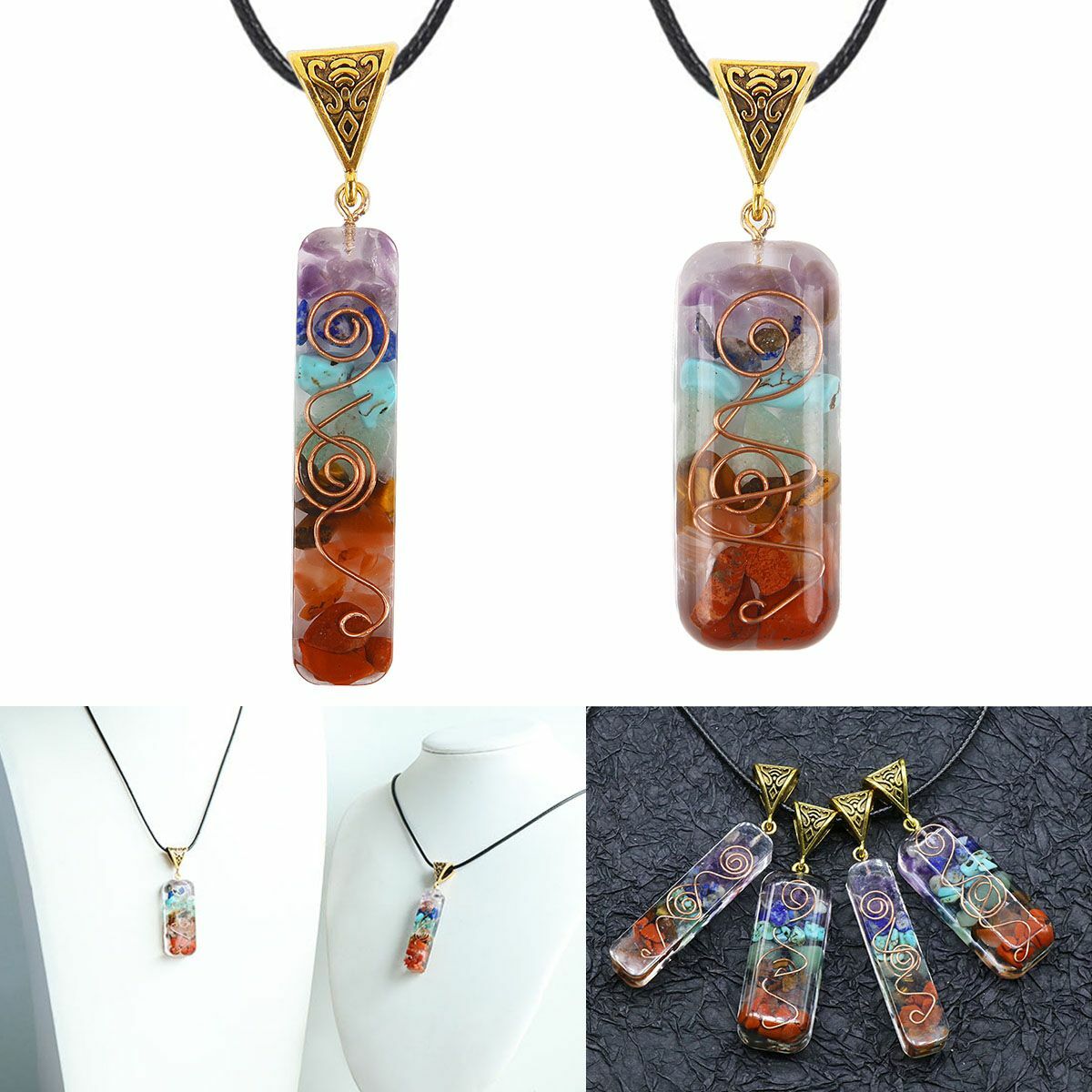 7 Chakra Gemstone Orgone Energy Generator Pendant Copper Coil Orgonite Necklace