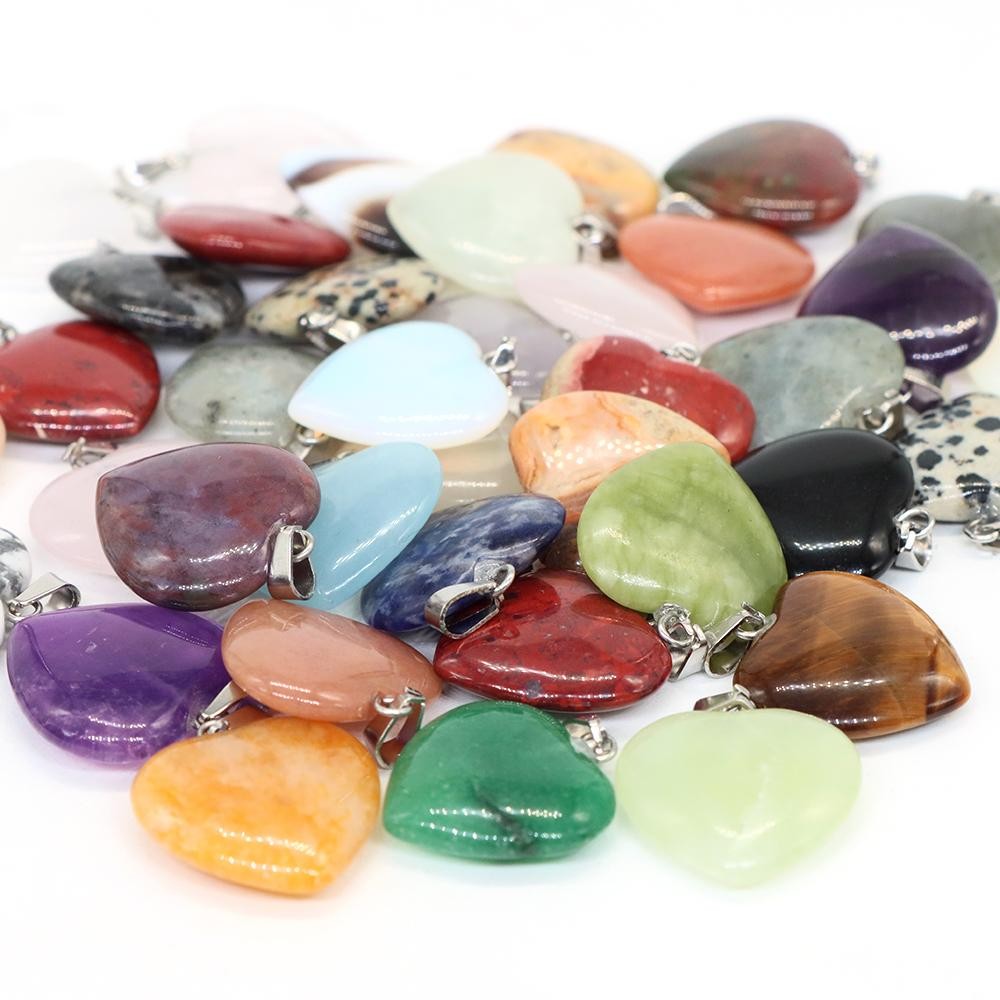 Wholesale 10pcs Assorted Nature Stone Heart Charms Pendants for Jewelry 20mm
