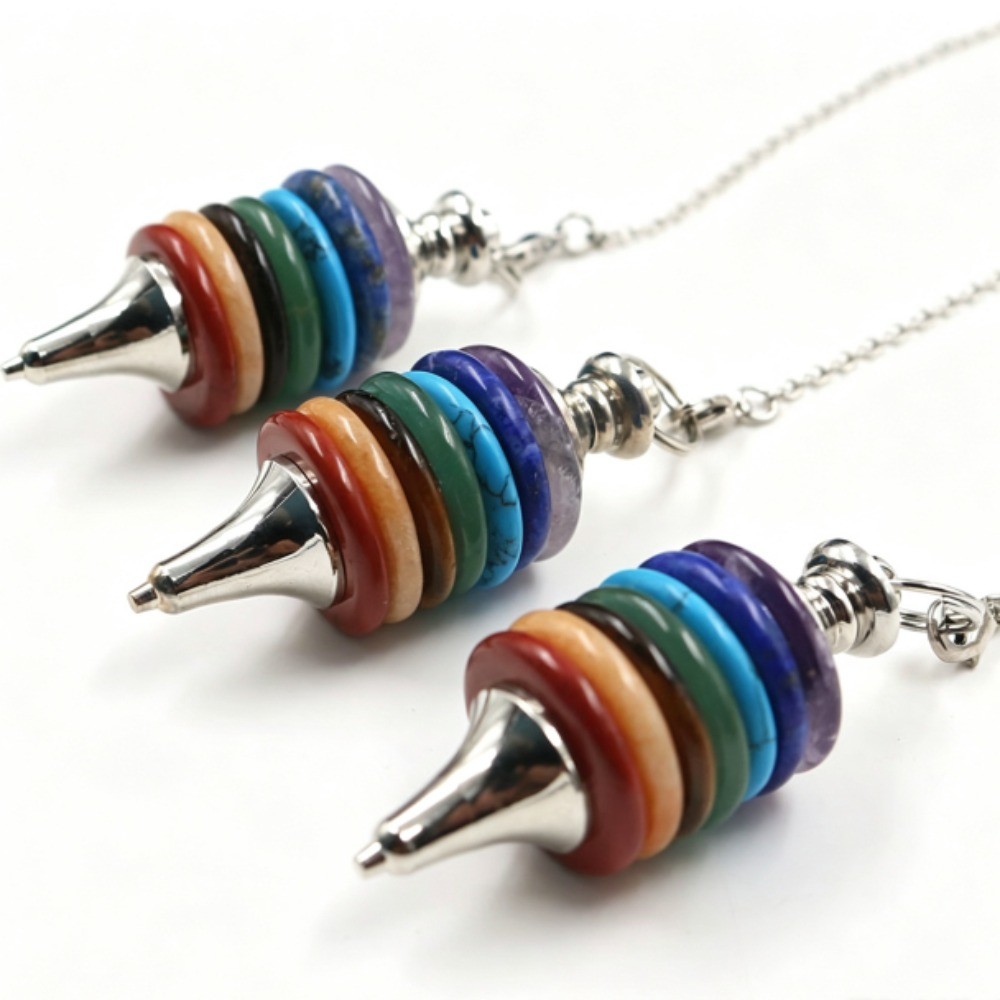 Natural Seven Chakra Crystal Disc Pendulum Dowsing Pendant HandCrafted Healing
