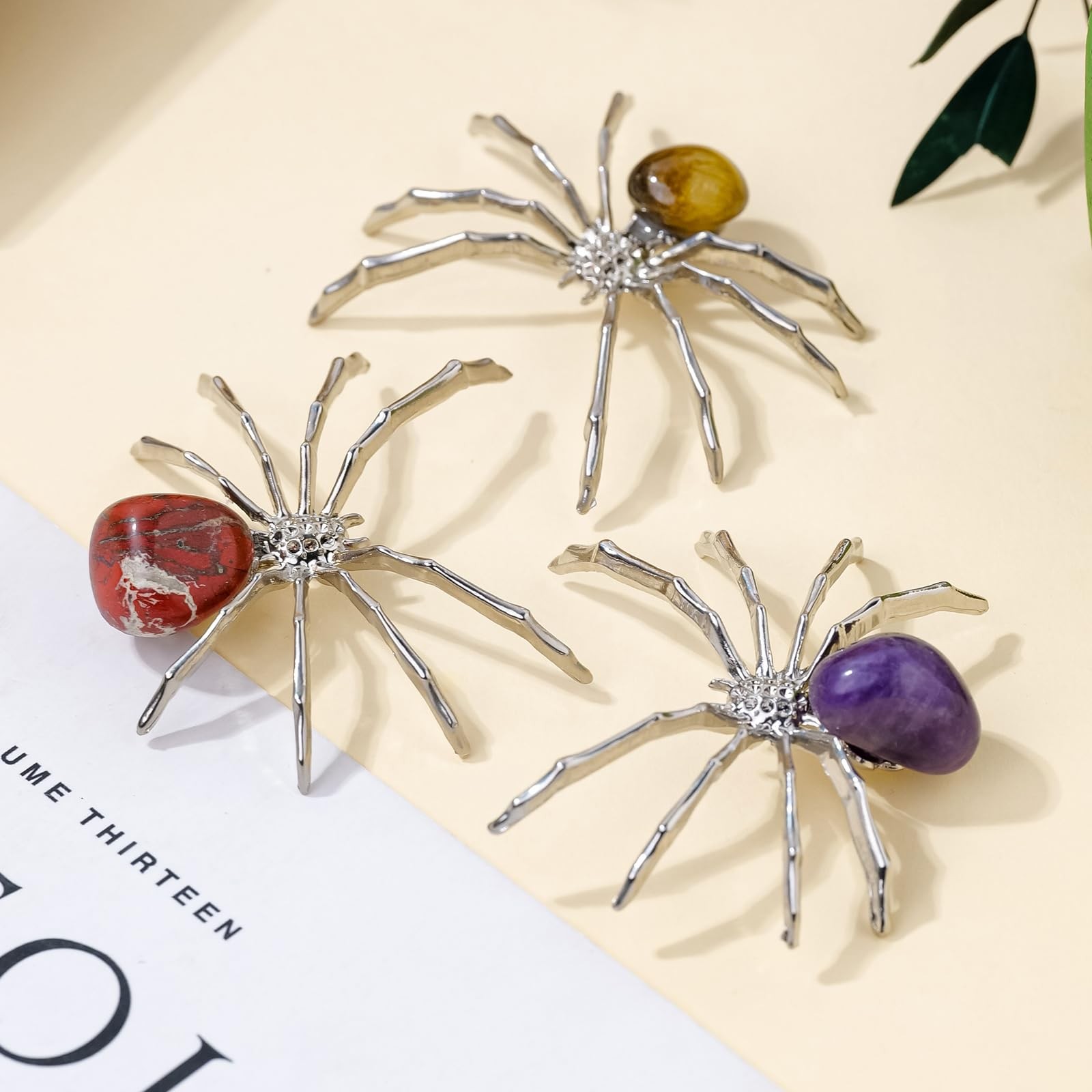 9 PCS Natural Crystal Polished Tumbling Stone Silver Alloy Spider 1.96 Inch