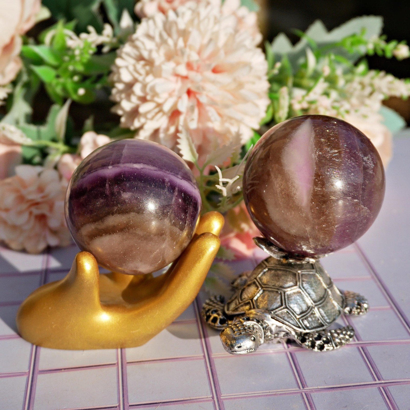2PCS Fluorite Ball Set Crystal Sphere Healing Stone Rainbow Mental Clarity 1.7″