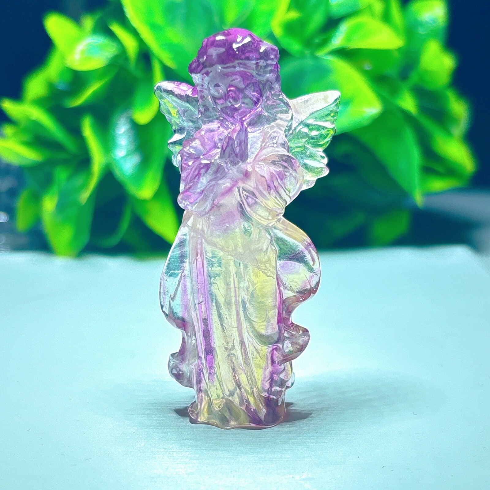 1PC Natural rainbow fluorite carving angel quartz crystal healing gift