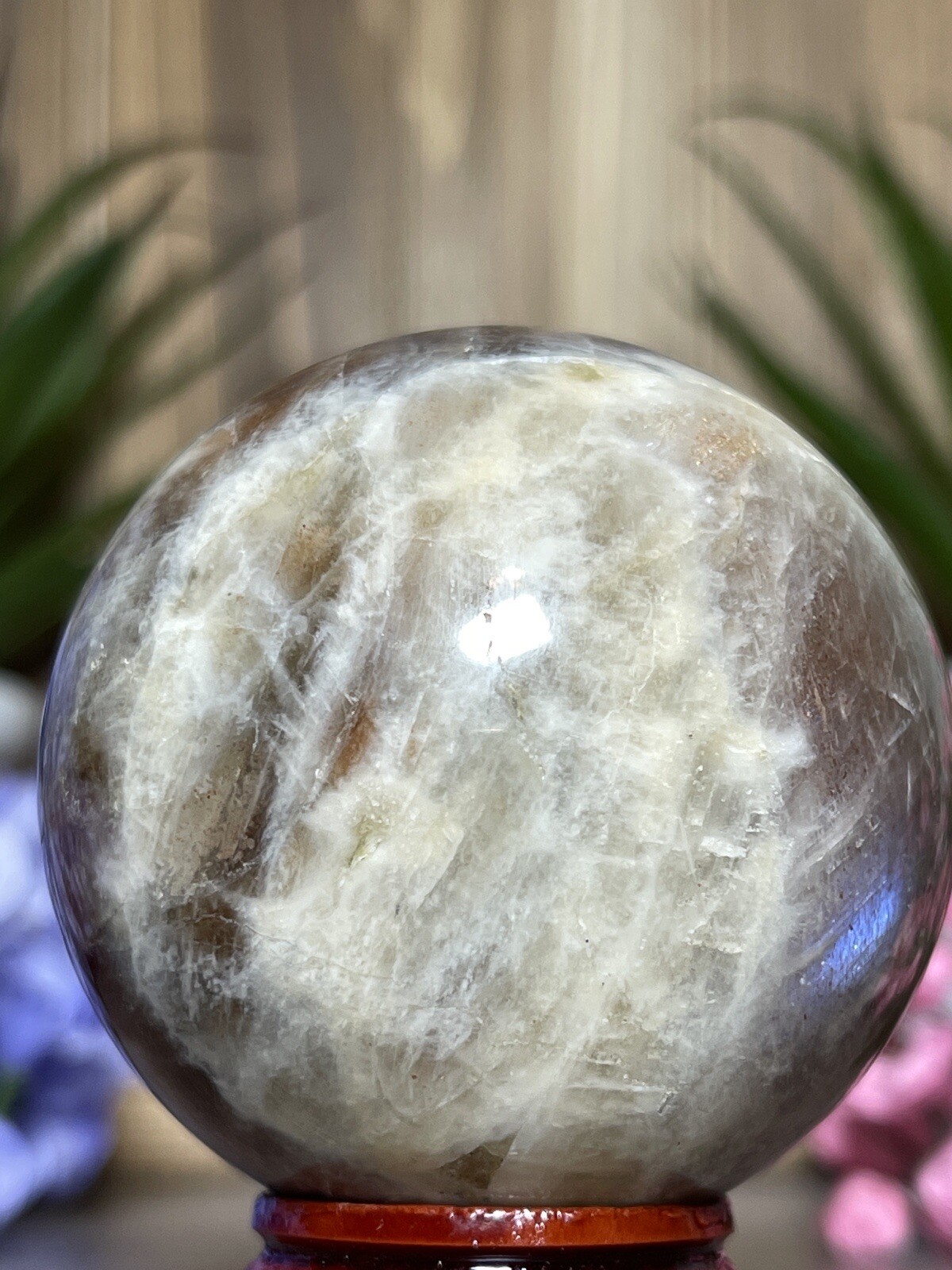 52mm MOONSTONE SUNSTONE SPHERE – Crystal Blue Feldspar Orange Mineral Witch 202g