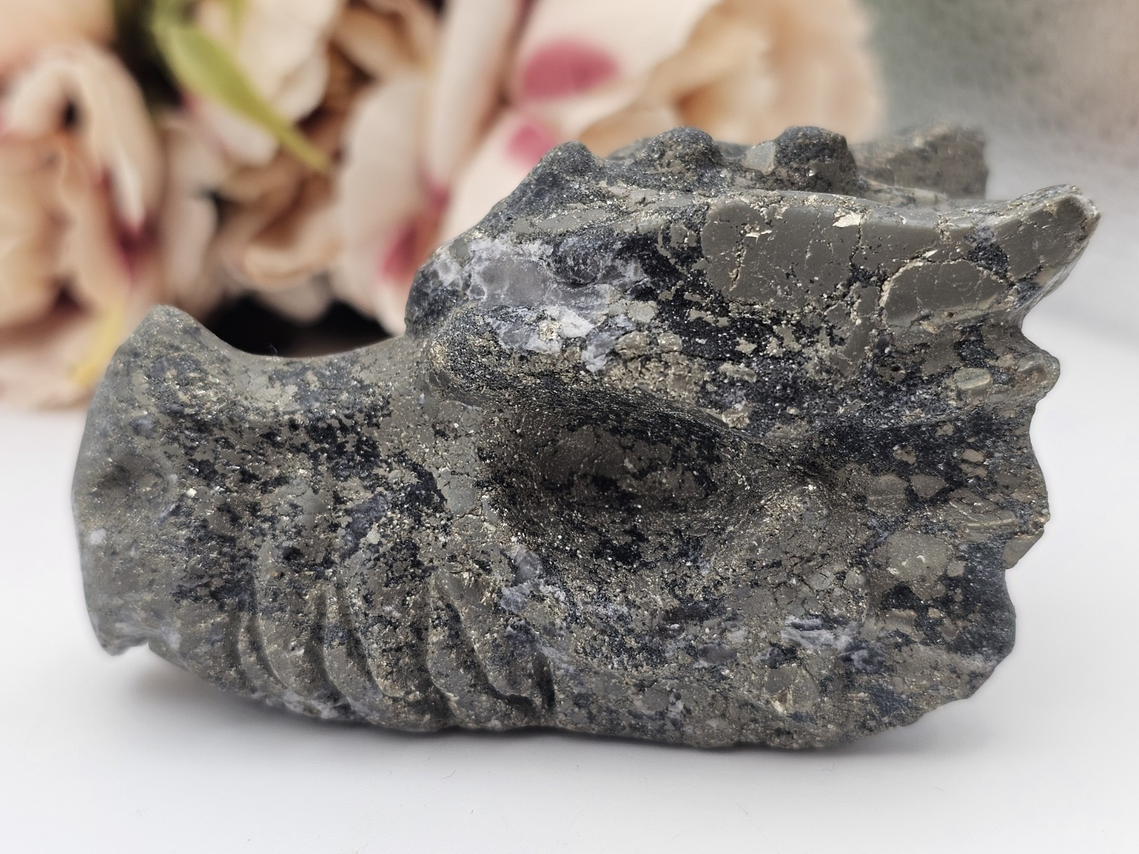 Pyrite crystal Dragon head Carving 6.7 X 4cm 193g Abundance Wealth