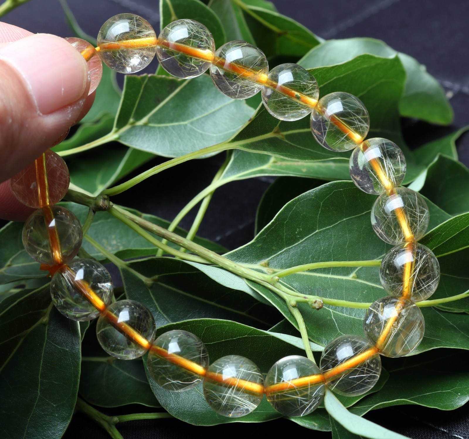30.5g Rare Natural Clear Gold Rutilated Quartz Crystal 10mm Round Bead Hand cate