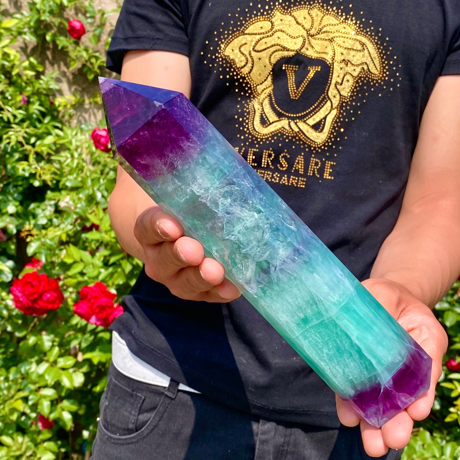 3.19LB Natural rainbow fluorite obelisk quartz crystal wand point Gem Healing