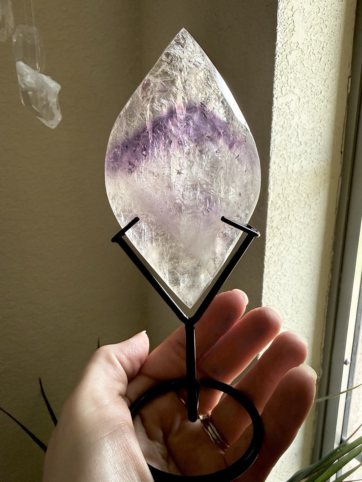 6 1/2in. High Grade Quality Phantom Amethyst Quartz Flame Drop Crystal On Stand