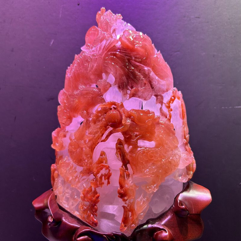 12LB Top Natural Red quartz crystal Dragon + Phoenix Carved Crystal skull Reiki