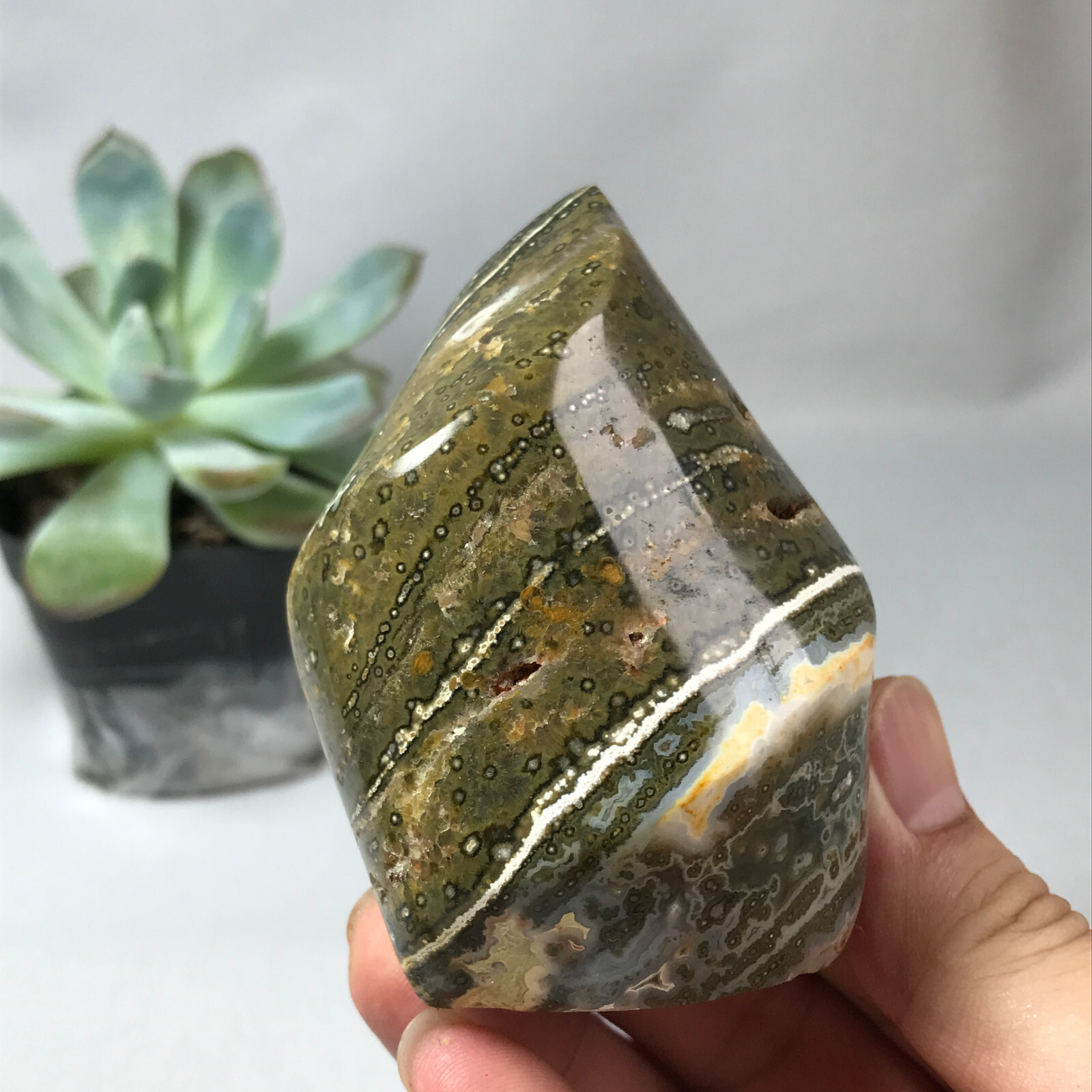 Natural Ocean Jasper torch Hand carve polish Crystal free standing 262g g6634