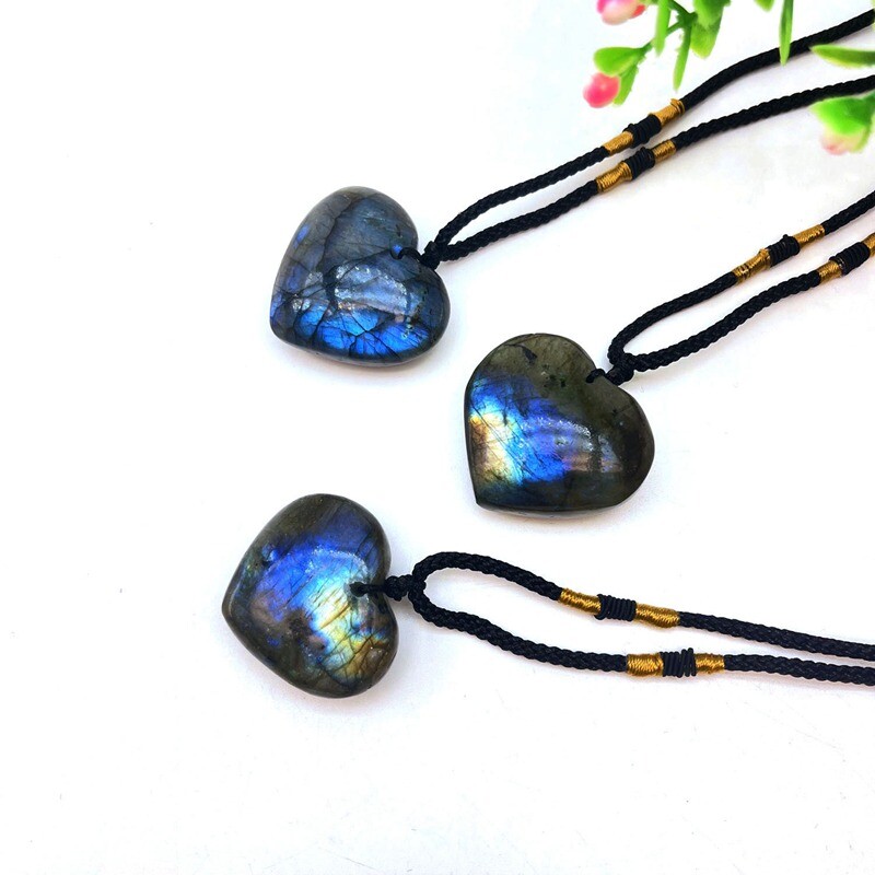 Natural Labradorite Heart Shaped Pendant Chakra Quartz Crystal Necklace Reiki US