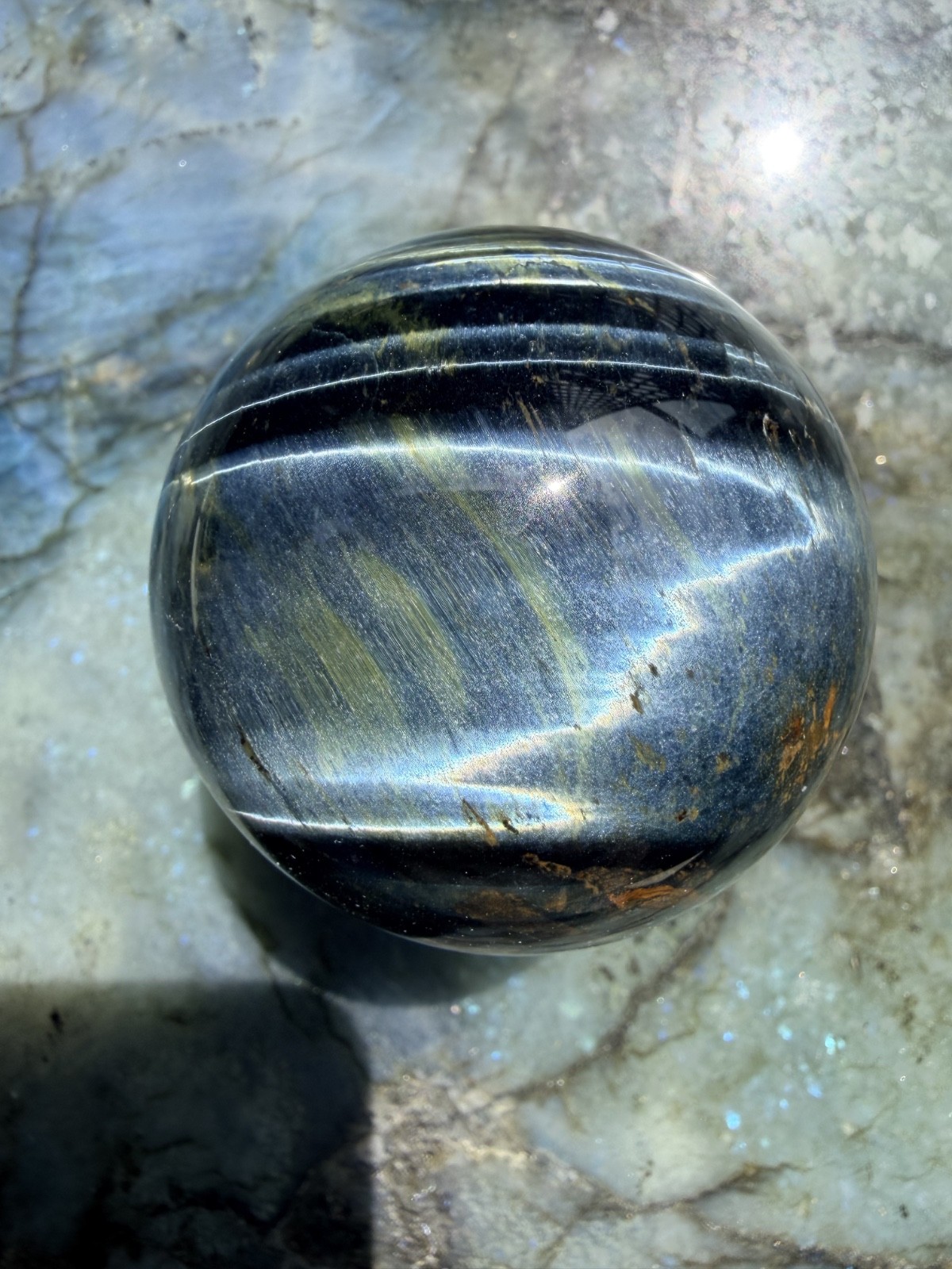 Blue Tiger’s Eye (Hawk’s Eye) Sphere | Intense Chatoyancy Cat’s Eye Effect 2.3″