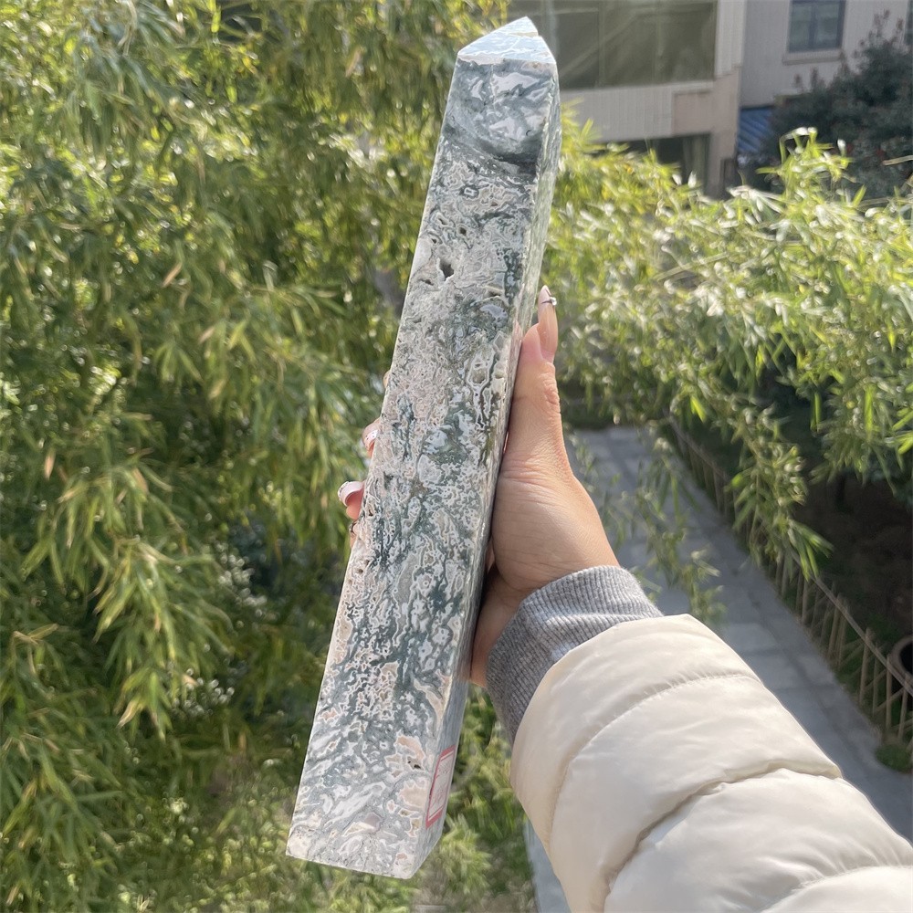 3.4LB 12.2″ Natural Moss Agate Obelisk Tower Crystal Quartz Point Mineral Reiki