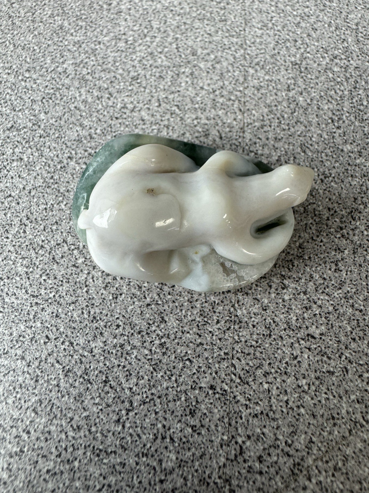Carved white & green druzy moss agate animal figurine in original box.
