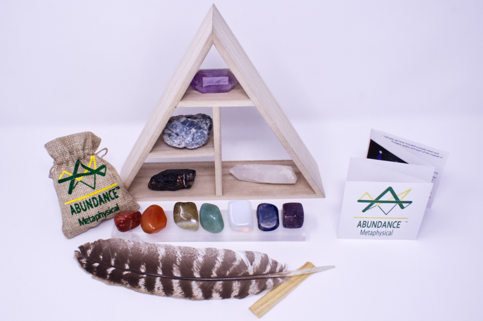 Chakra Crystal Clearers Set: Raw Crystals, Selenite, Triangle Display