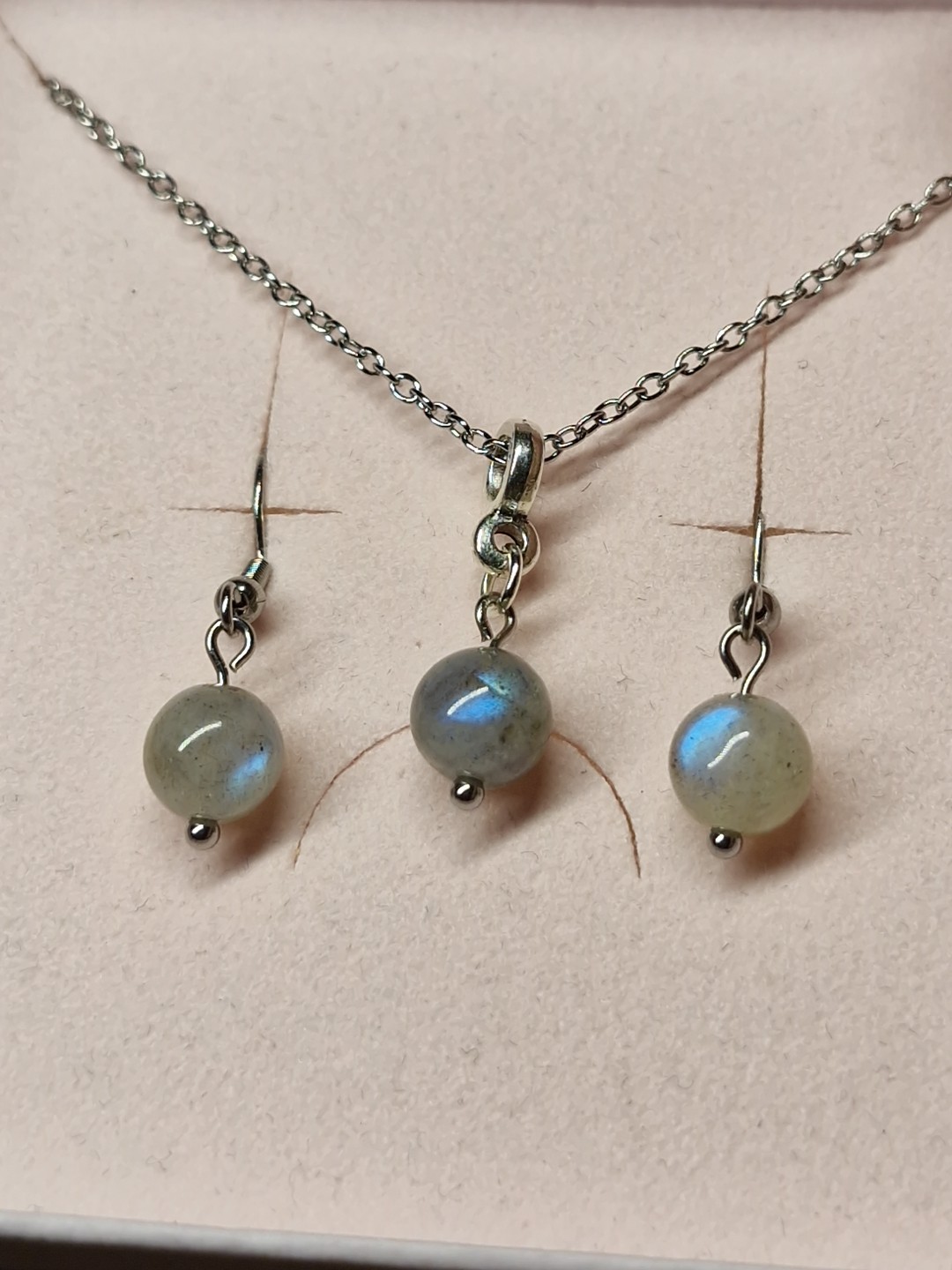 Simple Labradorite Crystal 8mm Bead Earrings & Necklace Set