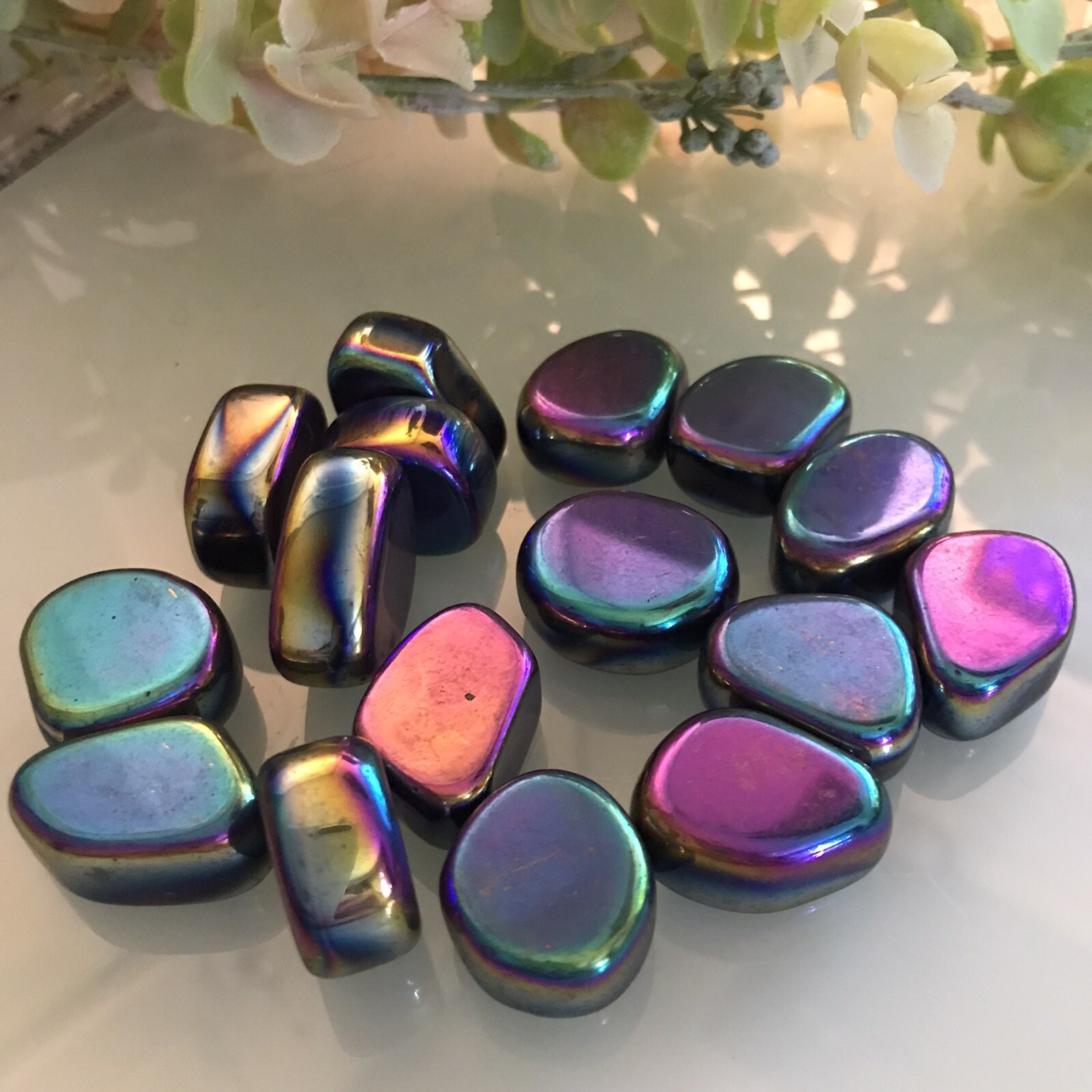 Rainbow 🌈Aura Polished Hematite tumble stone (non magnetic)