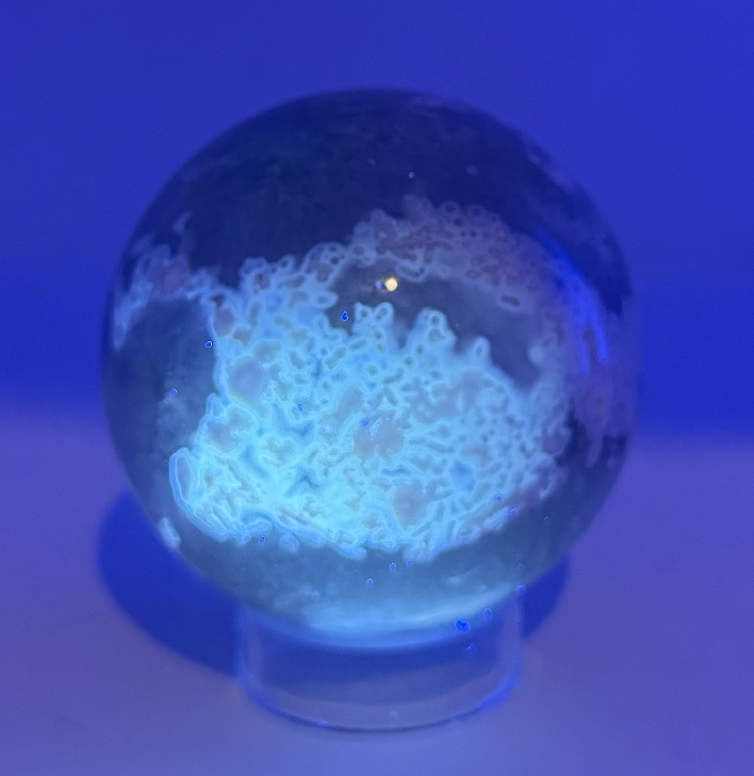 738g Beautiful Fluorite Crystal Sphere With Unique UV Pattern Reactions W/Holder