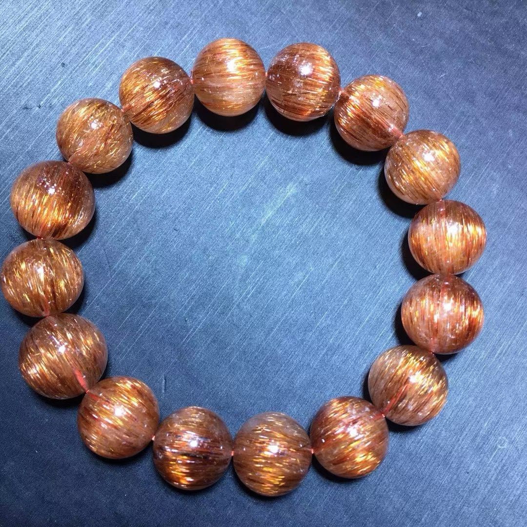 A+ Natural copper gold Hair Rutilated Quartz Crystal Round Beads Bracelet 13.4mm