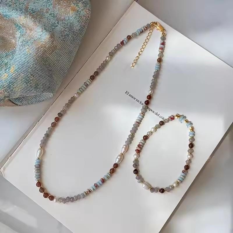 Crystal Pearl Stone Handmade Beaded Chain Necklace Bracelet Women Jewelry