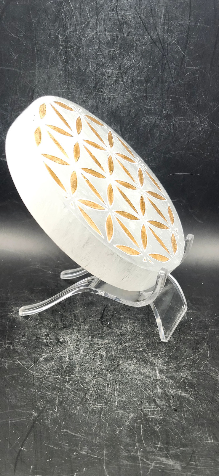 Selenite flower of life charging plate! 4 inches, 10 ounces,.65 thick