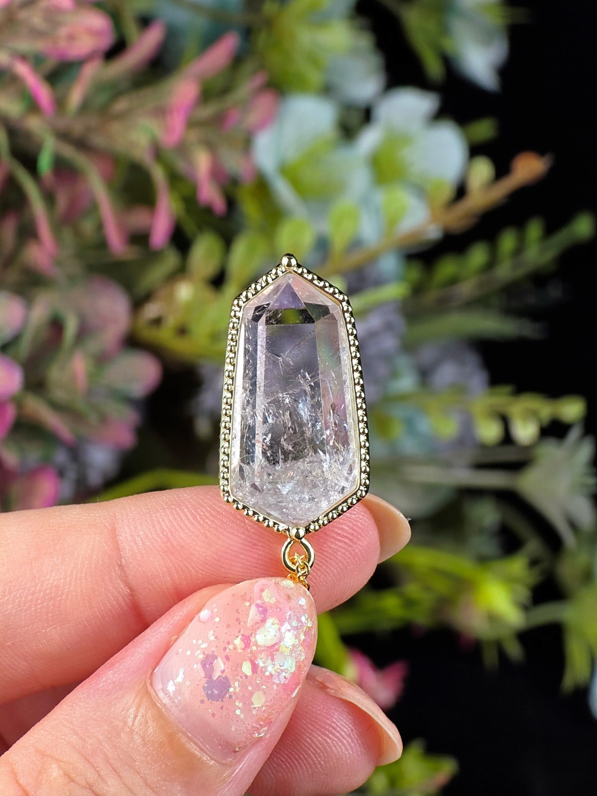 CLEAR QUARTZ CRYSTAL NECKLACE IN ELECTROPLATED GOLD SPIRITUAL JEWELRY GIFT