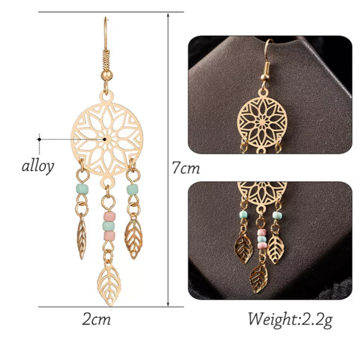 Women’s Fashion Jewelry Gold Tribal Feather Dream Catcher Drop Earrings