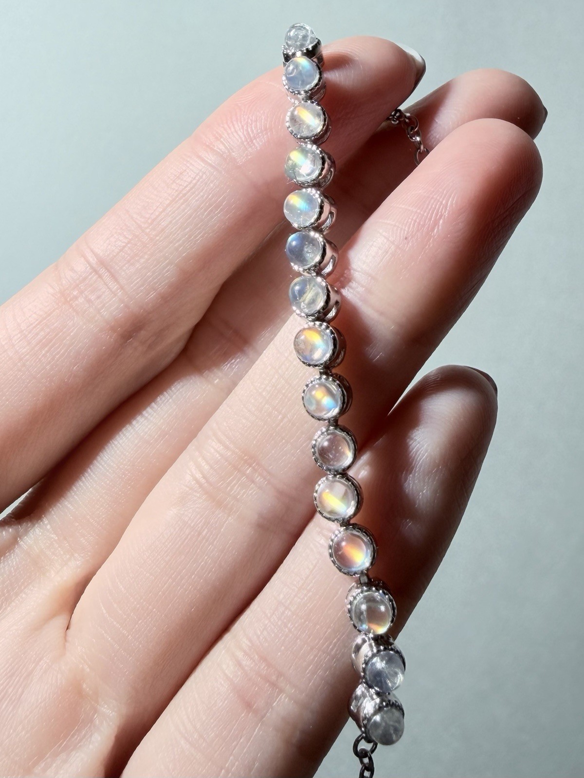 Natural Glassy Quality Madagascar Rainbow Moonstone S925 Adjustable Bracelet