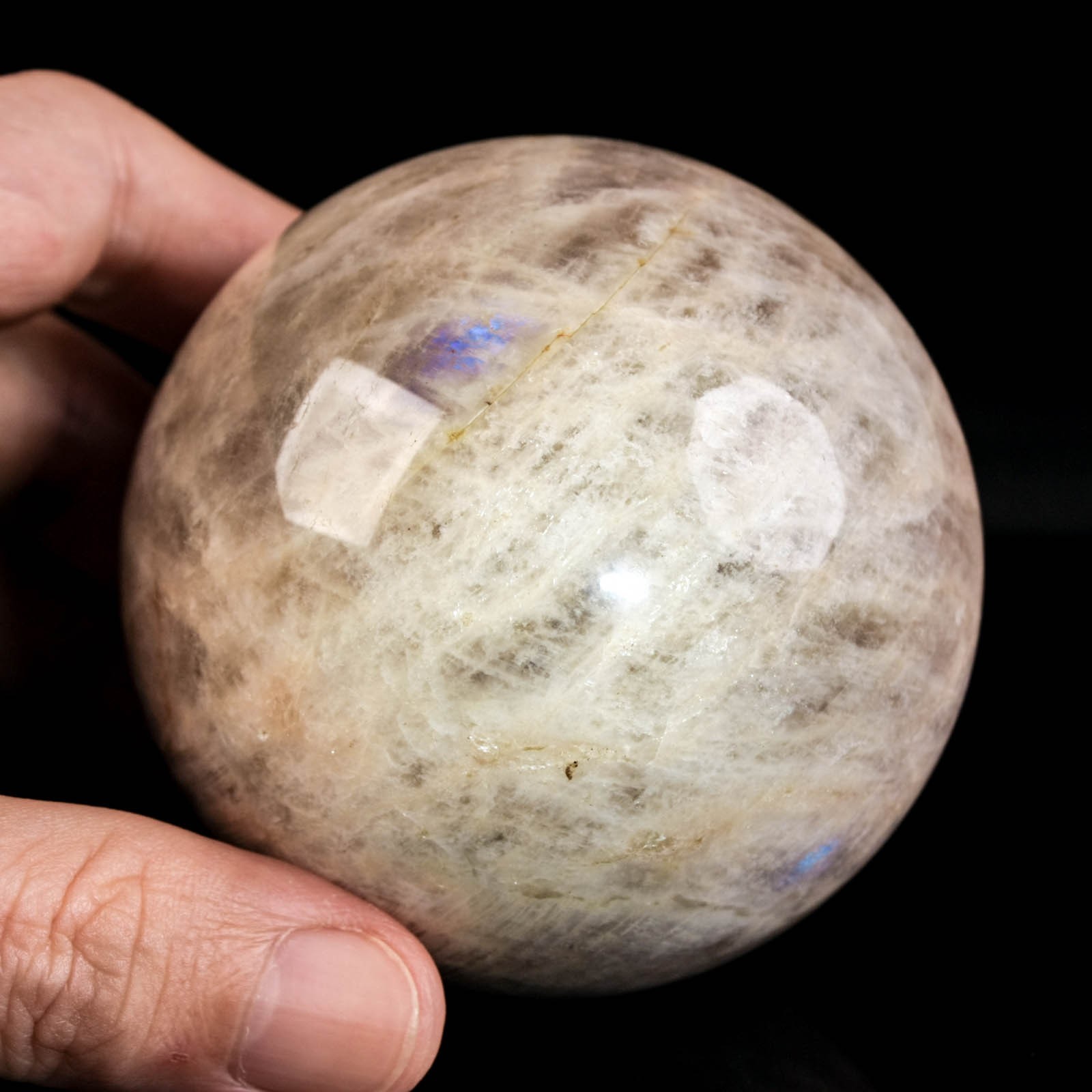 2.8″ 1.07LBS Moonstone Sphere Natural Blue Flash Crystal Ball Mineral Specimen