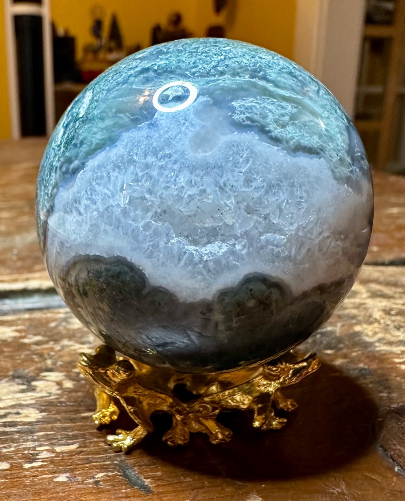 Green Moss agate druzy crystal sphere with gold metal frog stand Free shipping
