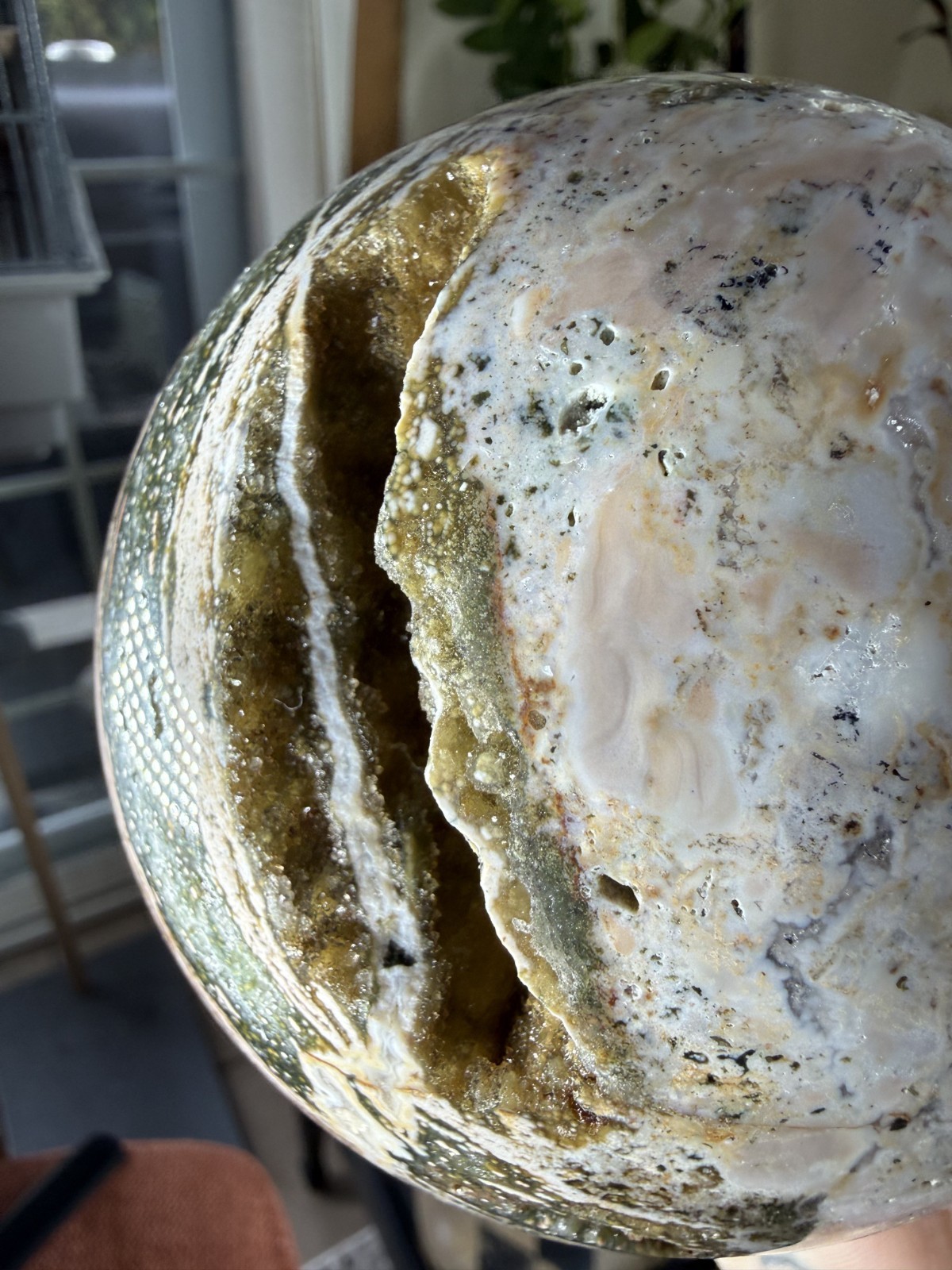 8th Vein Ocean Jasper Sphere – Druzy Pockets – Green, Pink, White – 3.69lbs