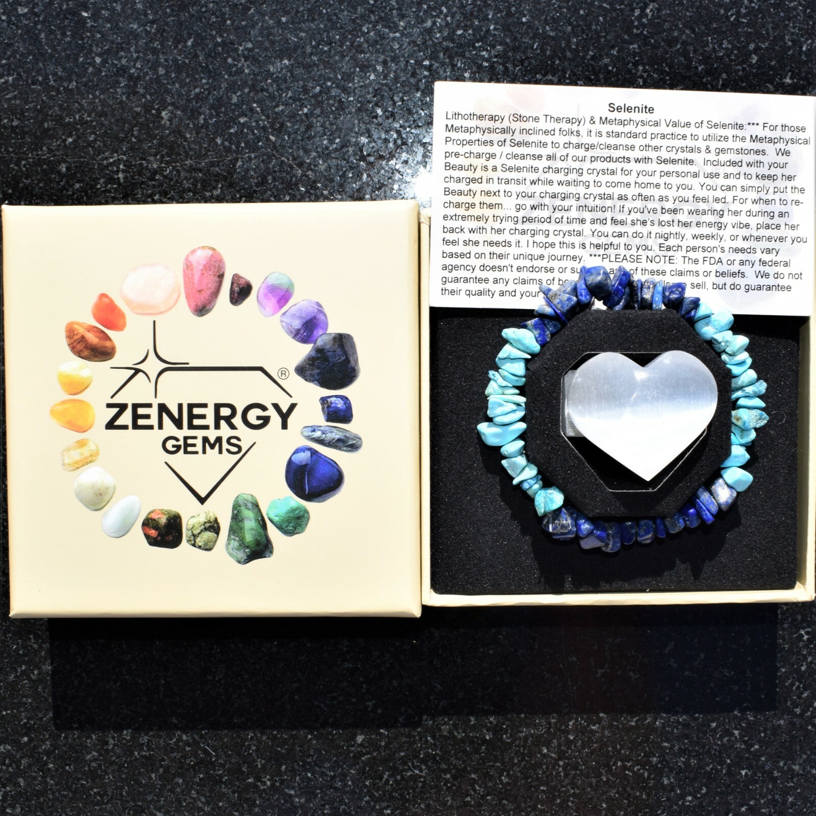 CHARGED Lapis Lazuli & Turquoise Crystal Chip Stretchy Bracelet + Selenite Heart