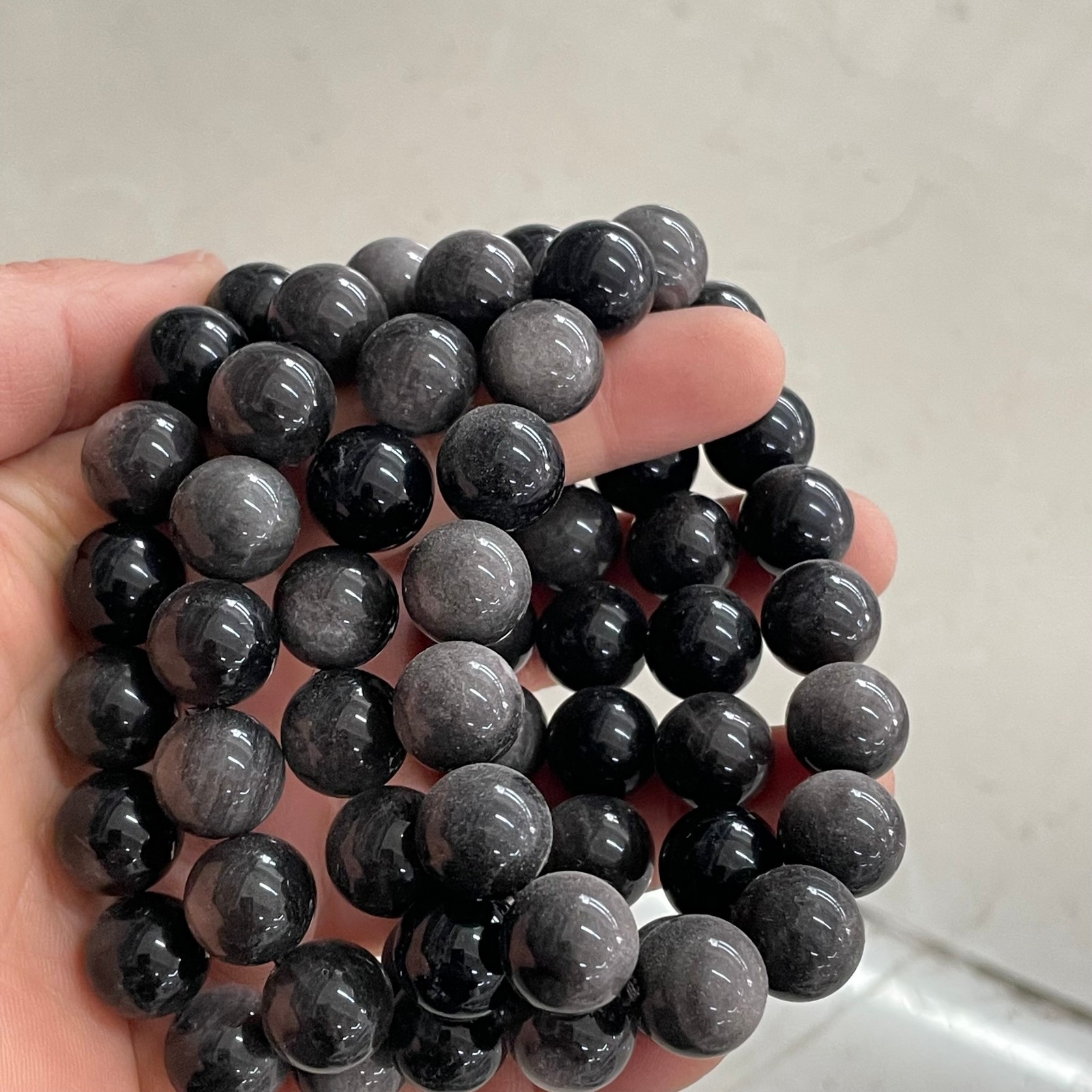 5pcs silver obsidian bead bracelet, crystal gemstone elastic bracelet Size 12mm