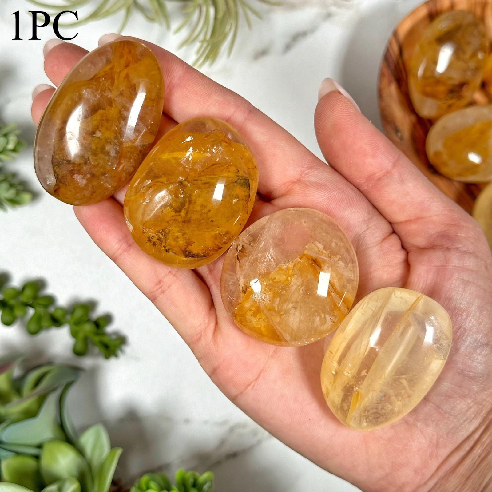 0.3LB Natural Crystal Yellow Fire Quartz Palm Stone Golden Healer Polished Gift