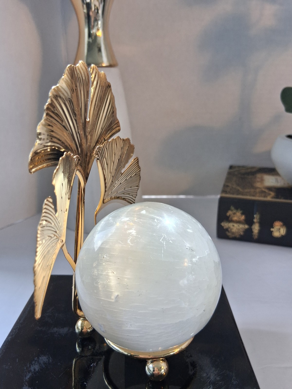 Butterfly Ginko Leaf Gold Tone Sphere Holder; w/ Solid White Quartz Sphere; New!