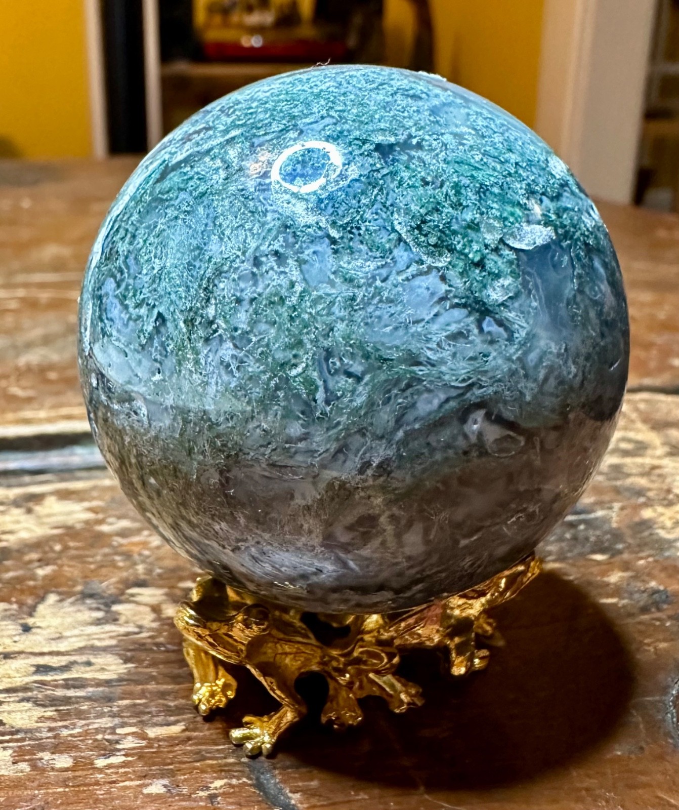 Green Moss agate druzy crystal sphere with gold metal frog stand Free shipping